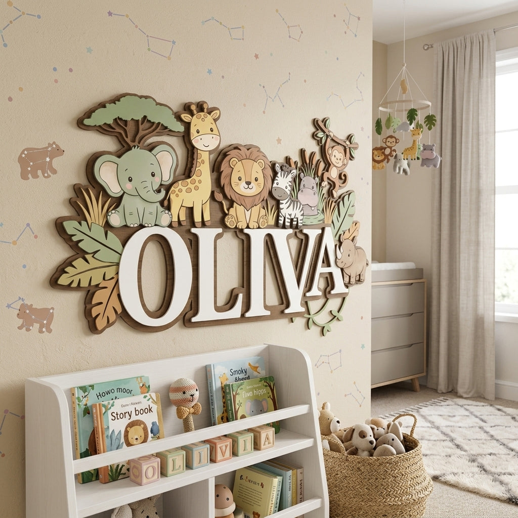 Personalized Nursery Name Sign, Custom Name Sign, Baby Name Sign for Nursery, Wooden Name Sign for Nursery, Safari Decor