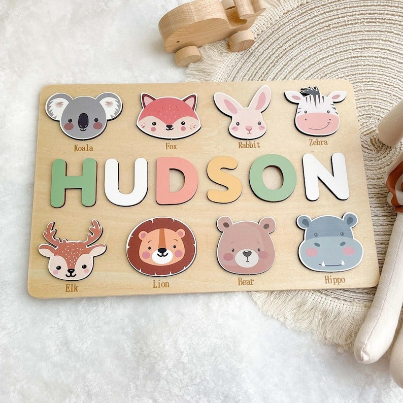 Personalized First Birthday Gift, Handmade Name Puzzle with Animals, Custom New Baby Gift for Toddler, Christmas Gifts, Wooden Toys BBLB8