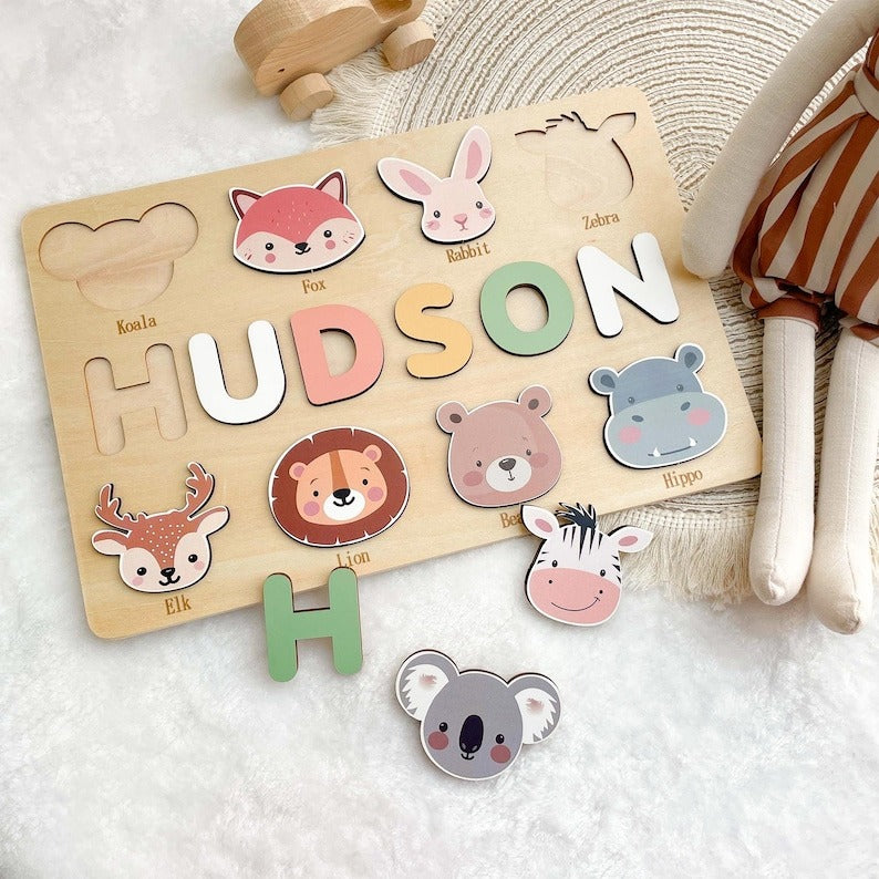 Personalized First Birthday Gift, Handmade Name Puzzle with Animals, Custom New Baby Gift for Toddler, Christmas Gifts, Wooden Toys BBLB8
