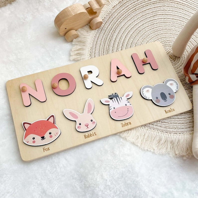Personalized First Birthday Gift, Handmade Name Puzzle with Animals, Custom New Baby Gift for Toddler, Christmas Gifts, Wooden Toys BBLB8