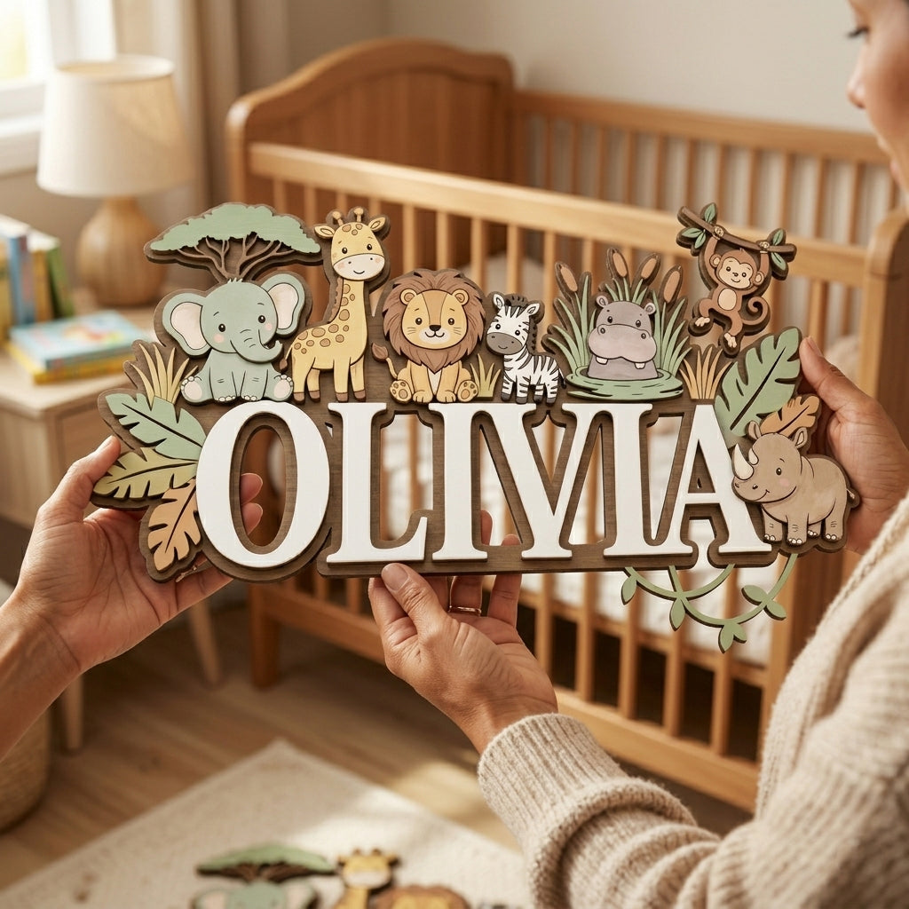 Personalized Nursery Name Sign, Custom Name Sign, Baby Name Sign for Nursery, Wooden Name Sign for Nursery, Safari Decor