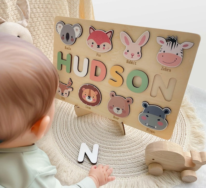 Personalized First Birthday Gift, Handmade Name Puzzle with Animals, Custom New Baby Gift for Toddler, Christmas Gifts, Wooden Toys BBLB8