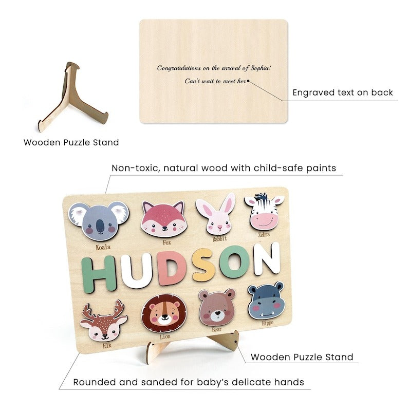 Personalized First Birthday Gift, Handmade Name Puzzle with Animals, Custom New Baby Gift for Toddler, Christmas Gifts, Wooden Toys BBLB8