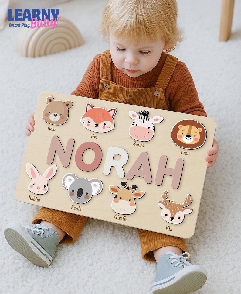 Personalized First Birthday Gift, Handmade Name Puzzle with Animals, Custom New Baby Gift for Toddler, Christmas Gifts, Wooden Toys BBLB8