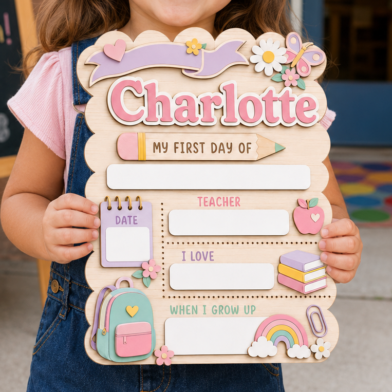 Custom Pastel First Day of School Sign, Personalized Girl School Board, Reusable Dry Erase Back to School Keepsake