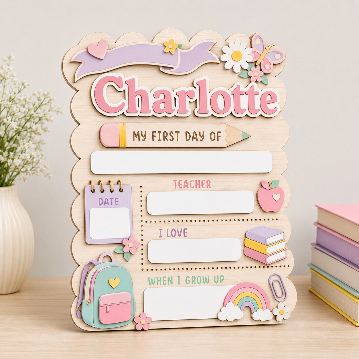 Custom Pastel First Day of School Sign, Personalized Girl School Board, Reusable Dry Erase Back to School Keepsake