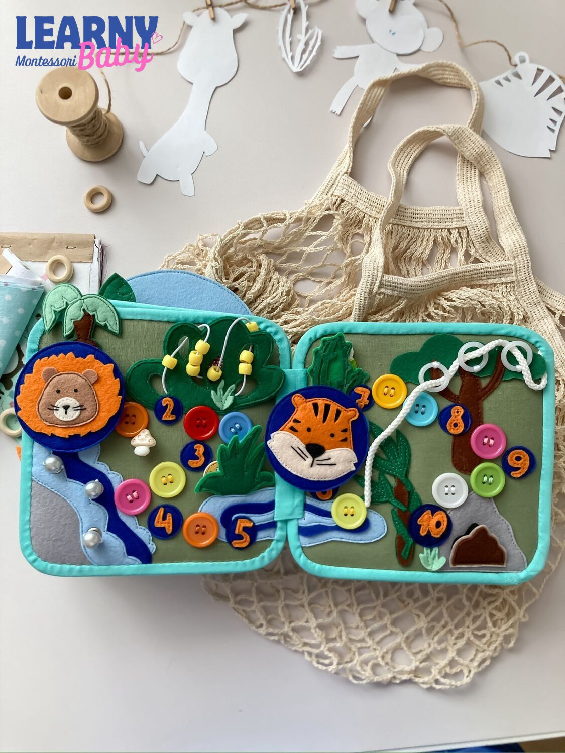 Personalized Animal Busy Book for Toddlers, Handmade Felt Quiet Book, Button Practice Activity Book, Montessori Sensory Toy QBLB72