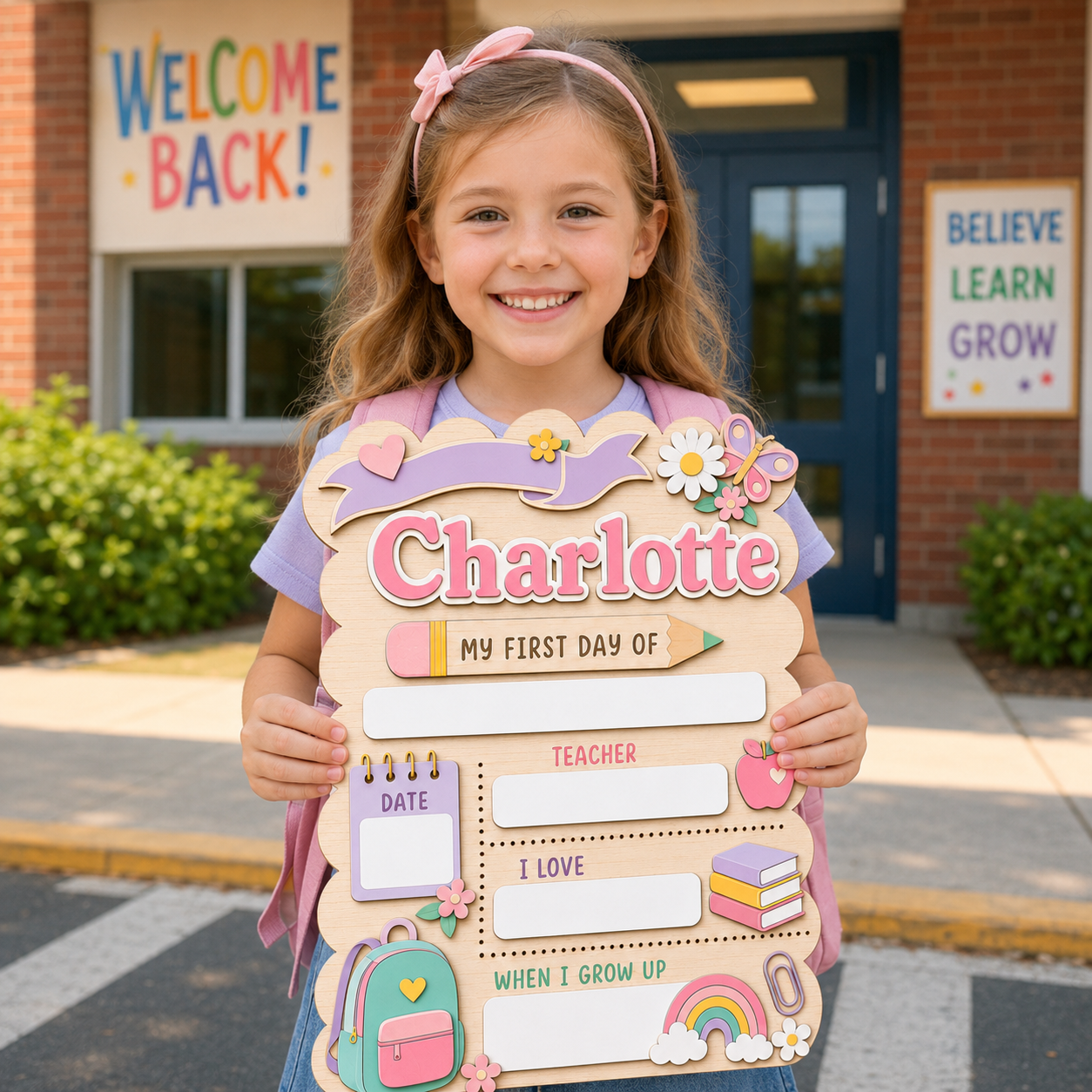 Custom Pastel First Day of School Sign, Personalized Girl School Board, Reusable Dry Erase Back to School Keepsake
