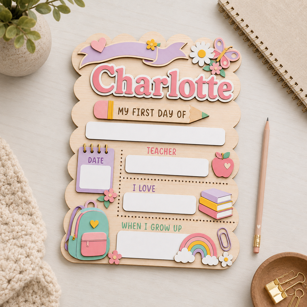 Custom Pastel First Day of School Sign, Personalized Girl School Board, Reusable Dry Erase Back to School Keepsake