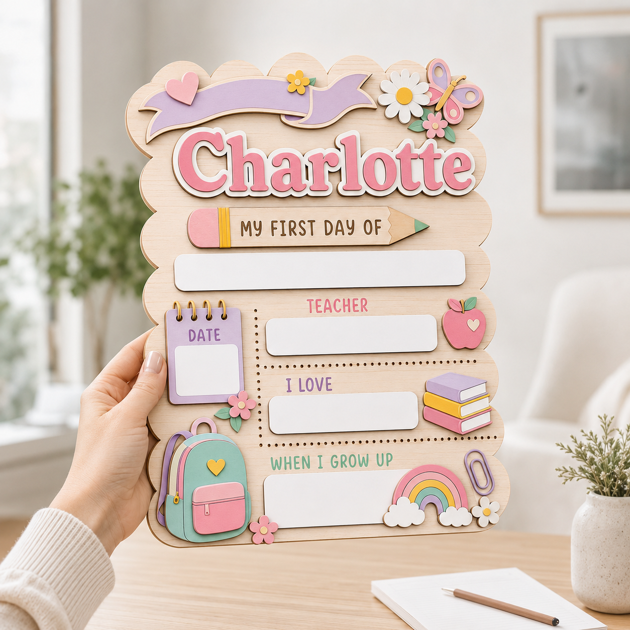Custom Pastel First Day of School Sign, Personalized Girl School Board, Reusable Dry Erase Back to School Keepsake