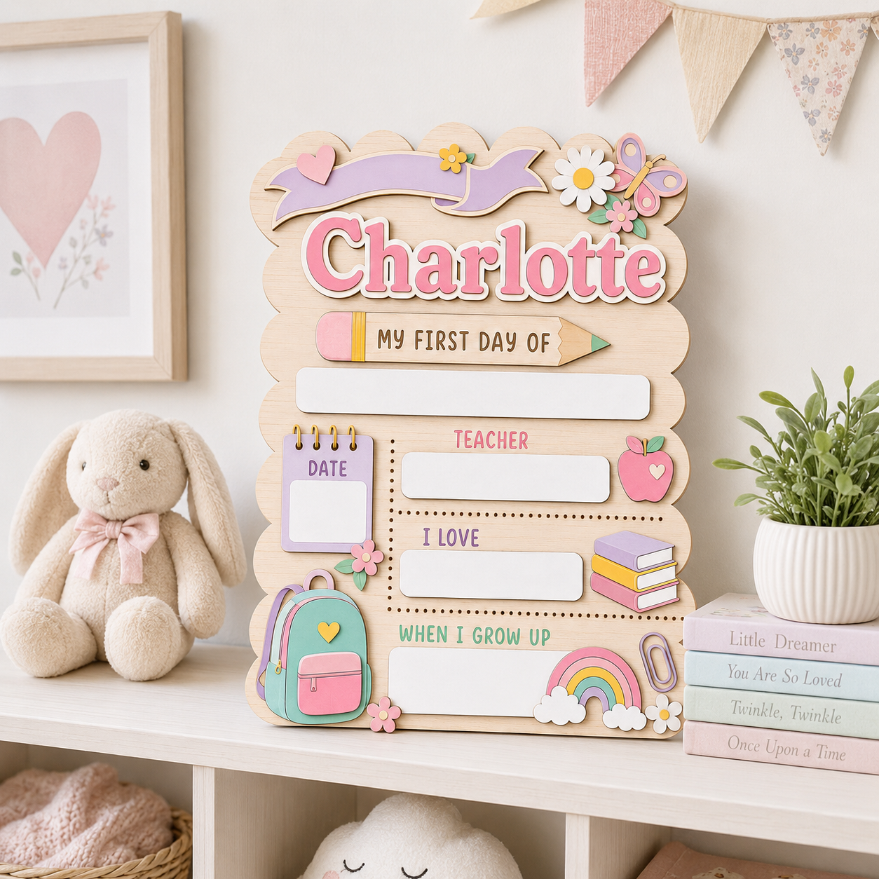 Custom Pastel First Day of School Sign, Personalized Girl School Board, Reusable Dry Erase Back to School Keepsake