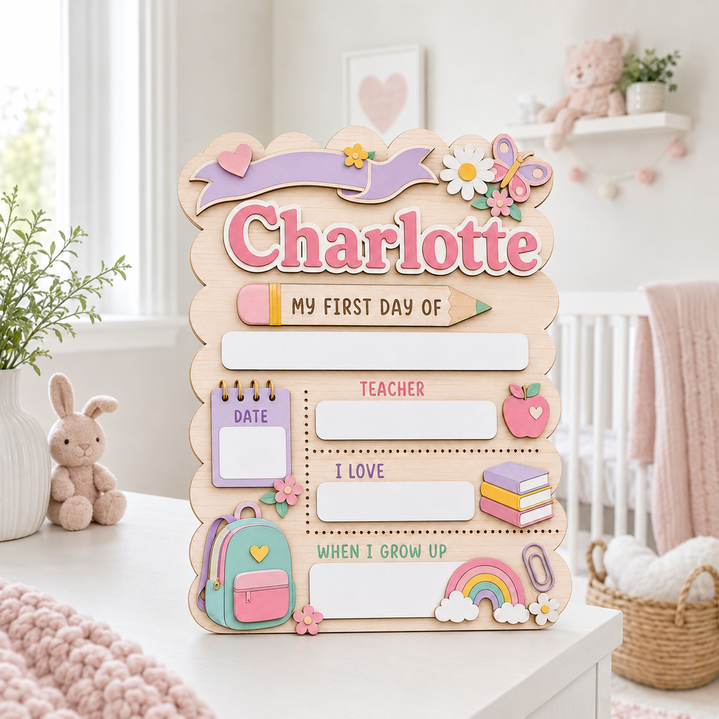 Custom Pastel First Day of School Sign, Personalized Girl School Board, Reusable Dry Erase Back to School Keepsake
