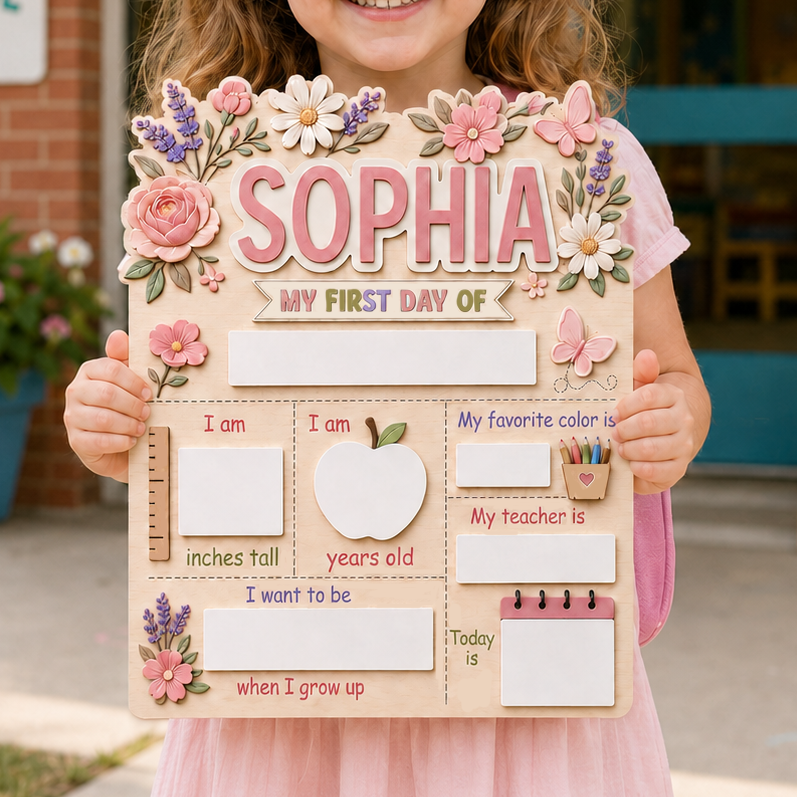 Personalized Floral First Day of School Sign, Custom Name School Milestone Board, Last Day of School Dry Erase Board