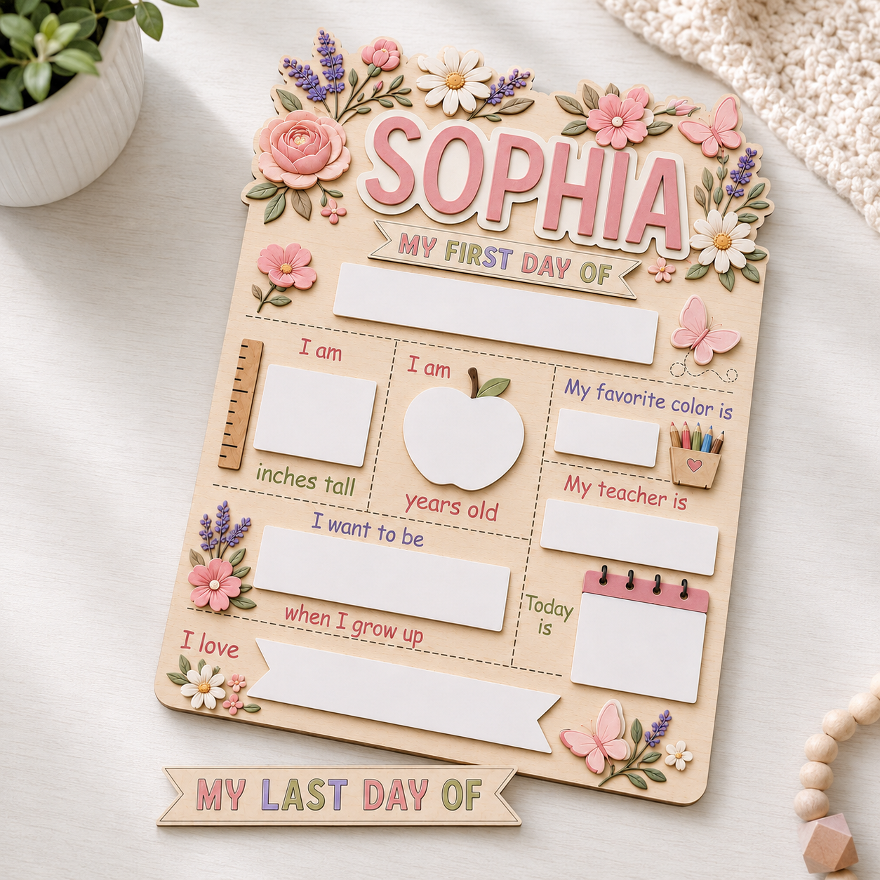 Personalized Floral First Day of School Sign, Custom Name School Milestone Board, Last Day of School Dry Erase Board