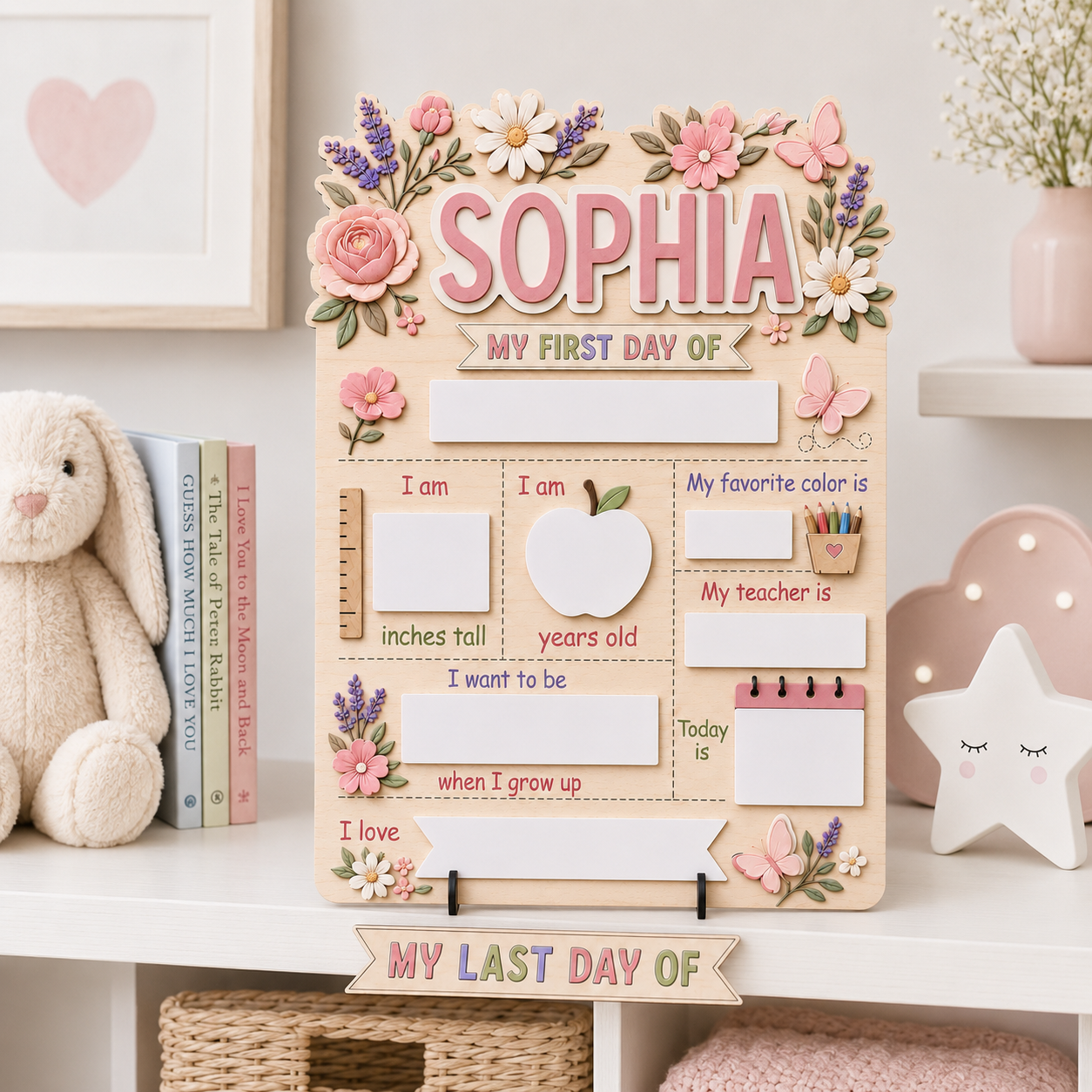 Personalized Floral First Day of School Sign, Custom Name School Milestone Board, Last Day of School Dry Erase Board