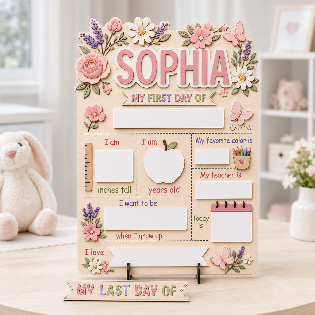 Personalized Floral First Day of School Sign, Custom Name School Milestone Board, Last Day of School Dry Erase Board