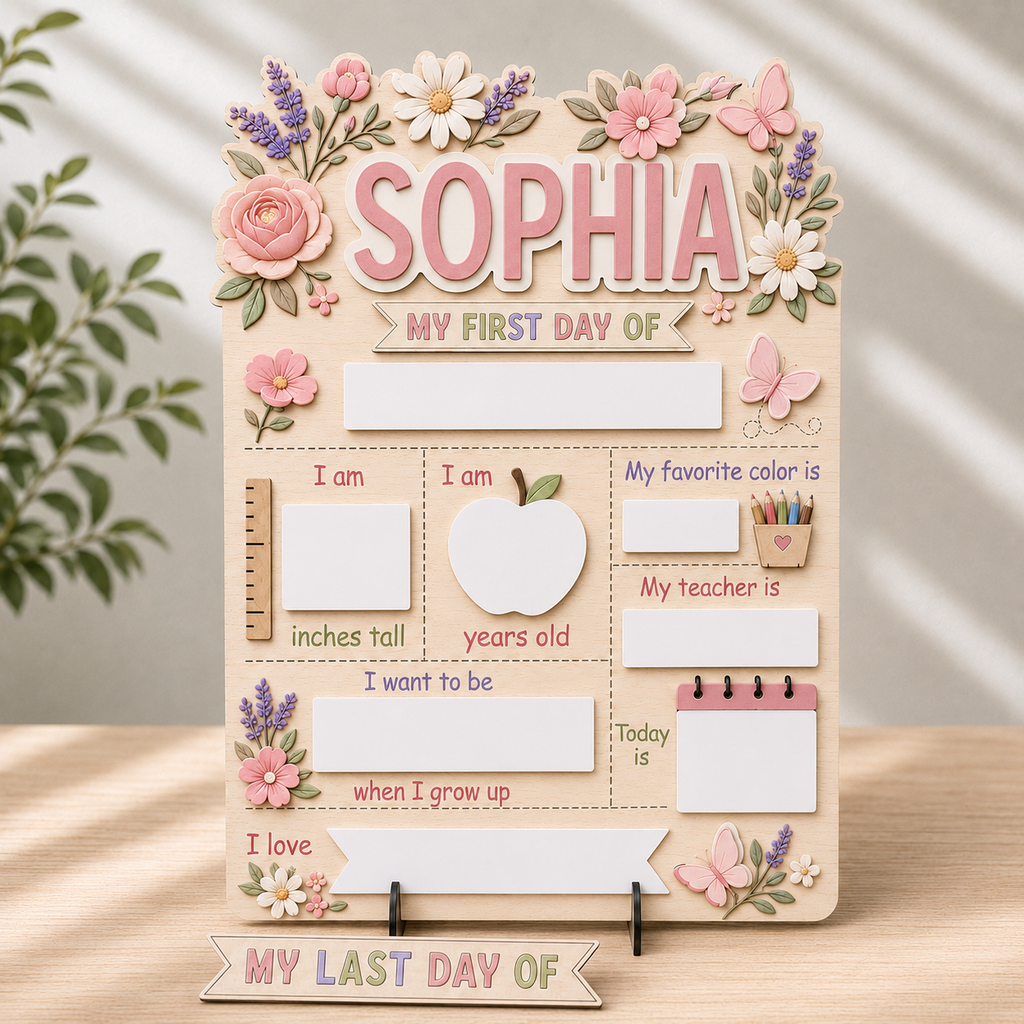 Personalized Floral First Day of School Sign, Custom Name School Milestone Board, Last Day of School Dry Erase Board