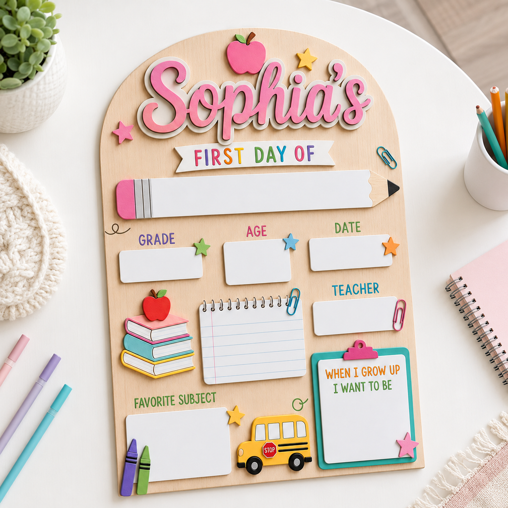 Custom School Bus First Day of School Sign, Personalized Back to School Board, Kids Dry Erase School Photo Prop
