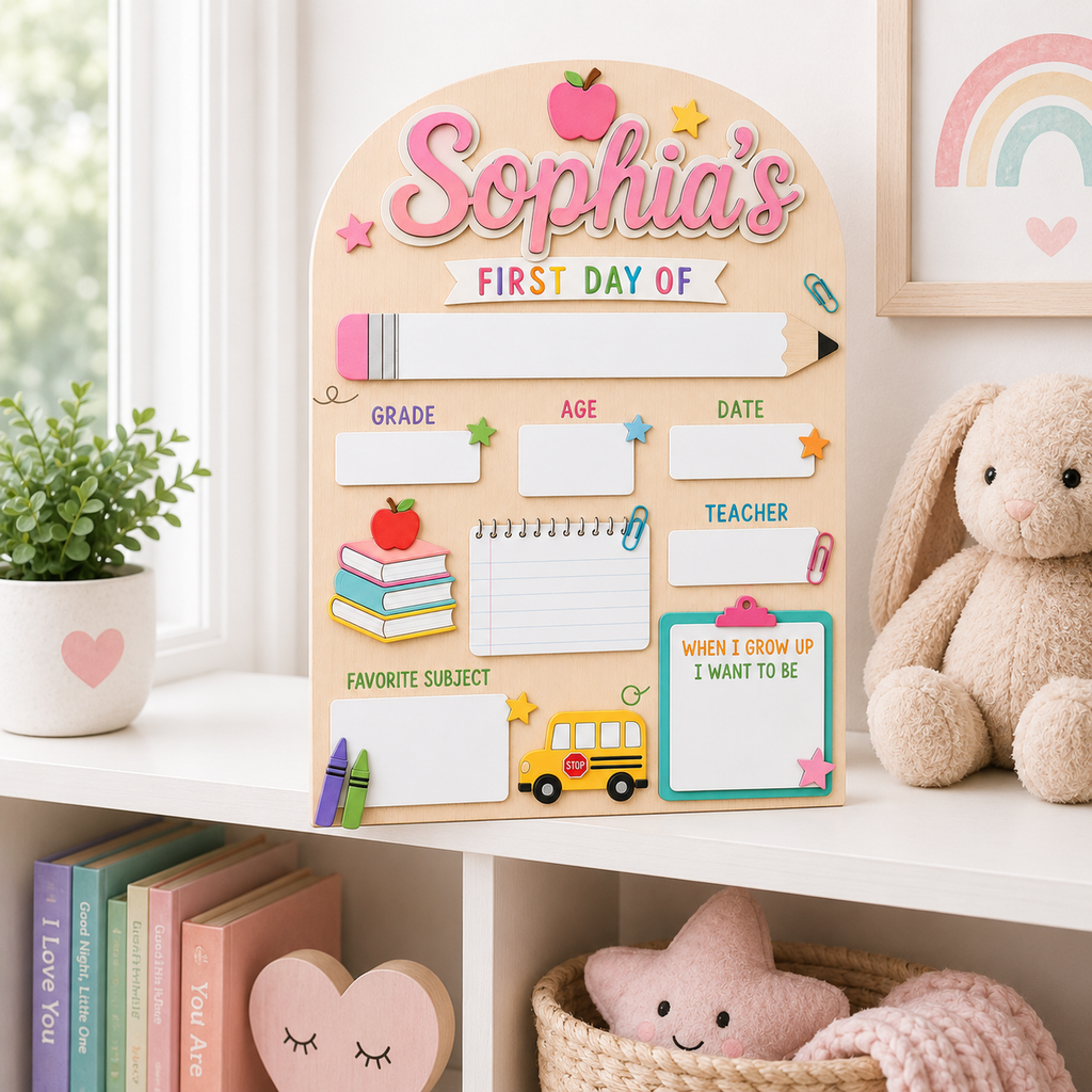 Custom School Bus First Day of School Sign, Personalized Back to School Board, Kids Dry Erase School Photo Prop