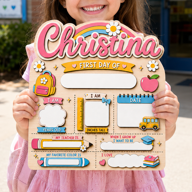 Personalized Rainbow First Day of School Sign, Custom Name Back to School Board, Colorful Kids School Milestone Sign