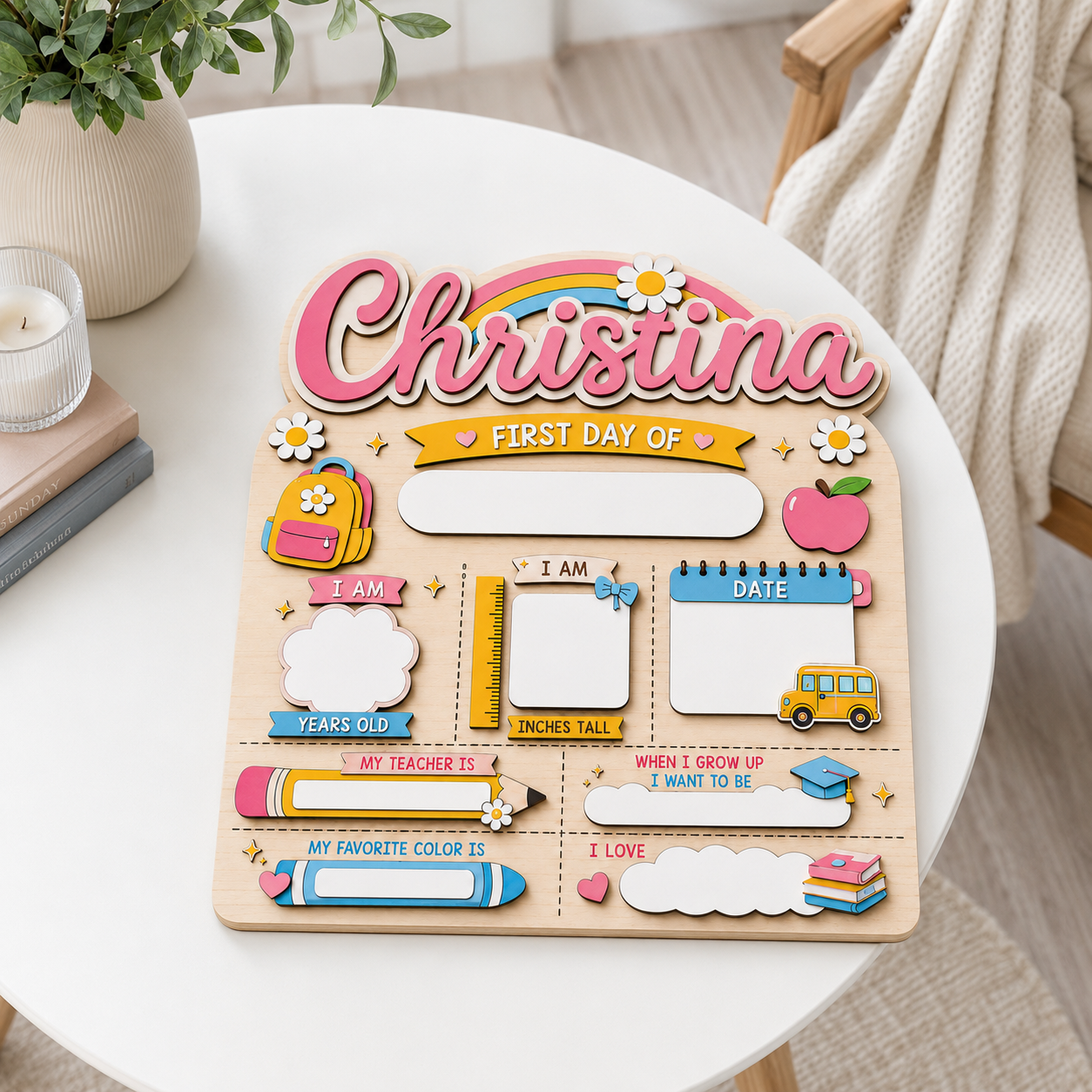 Personalized Rainbow First Day of School Sign, Custom Name Back to School Board, Colorful Kids School Milestone Sign
