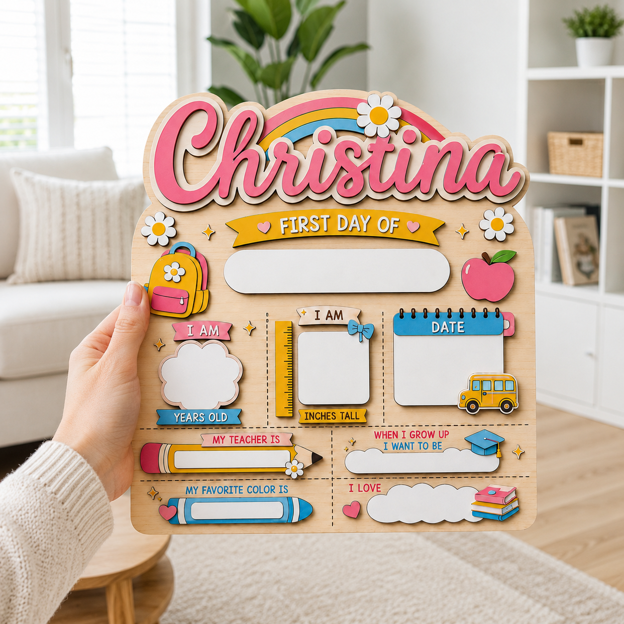 Personalized Rainbow First Day of School Sign, Custom Name Back to School Board, Colorful Kids School Milestone Sign