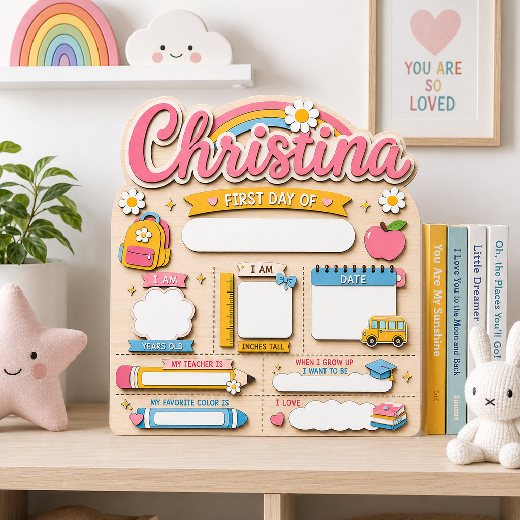 Personalized Rainbow First Day of School Sign, Custom Name Back to School Board, Colorful Kids School Milestone Sign