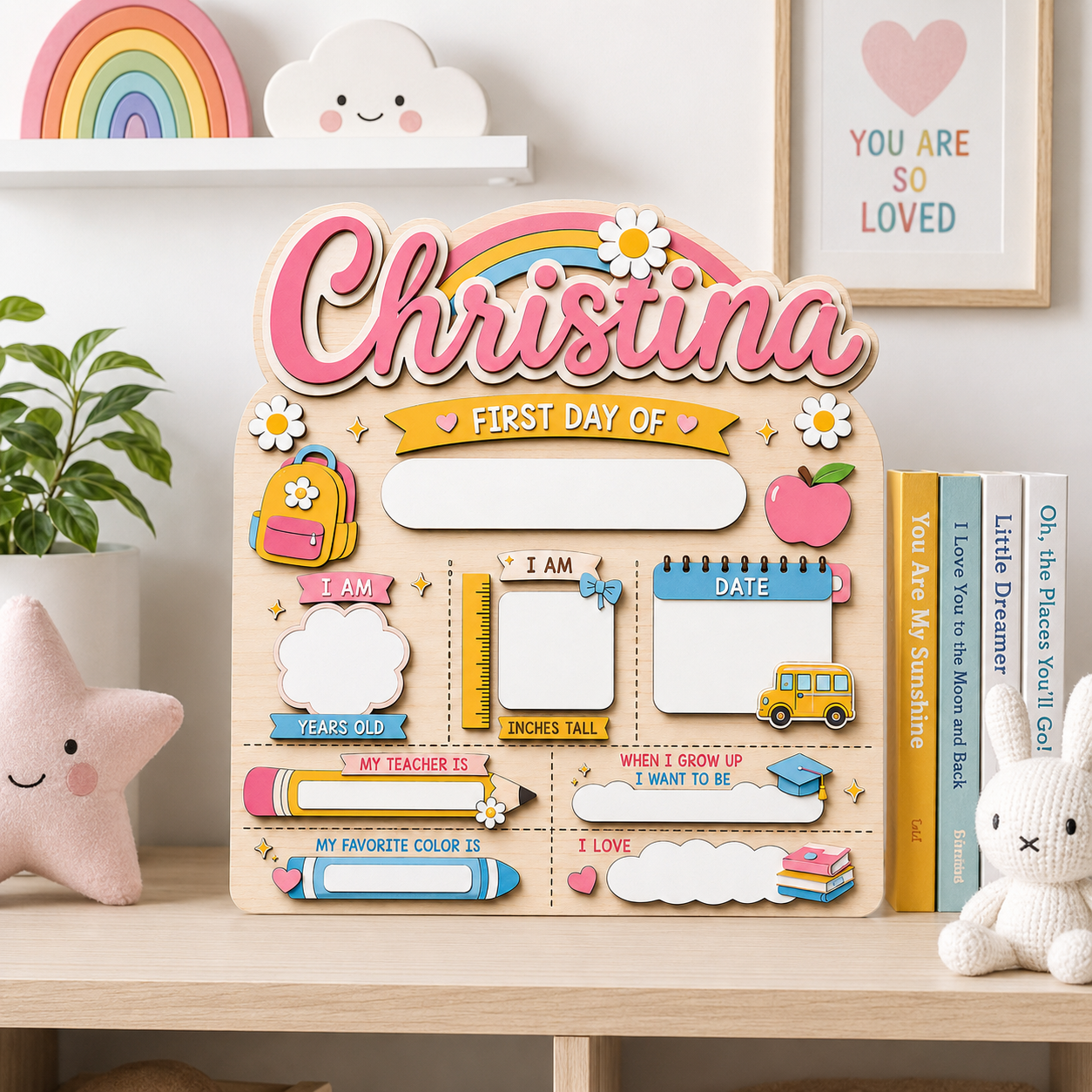 Personalized Rainbow First Day of School Sign, Custom Name Back to School Board, Colorful Kids School Milestone Sign