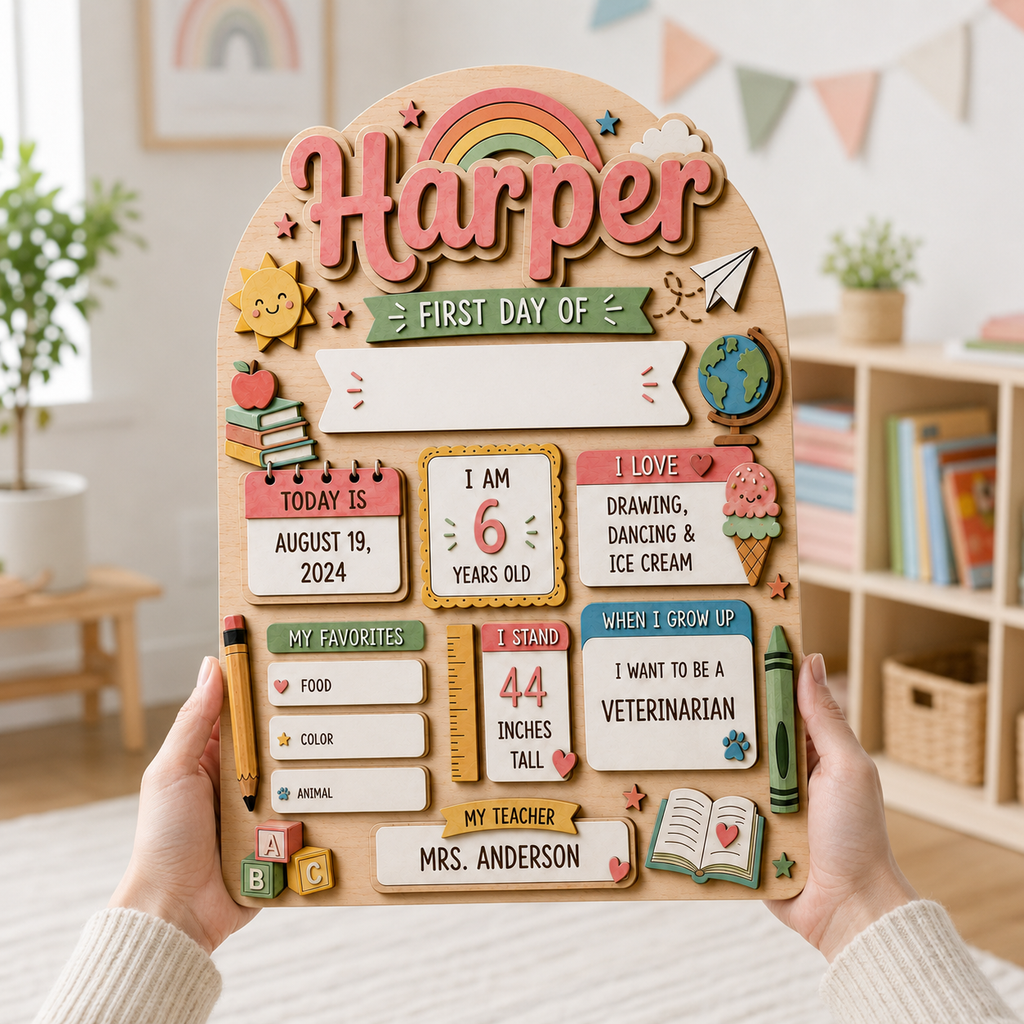 Custom Rainbow Back to School Sign, Personalized First Day of School Board, Kids Dry Erase School Keepsake