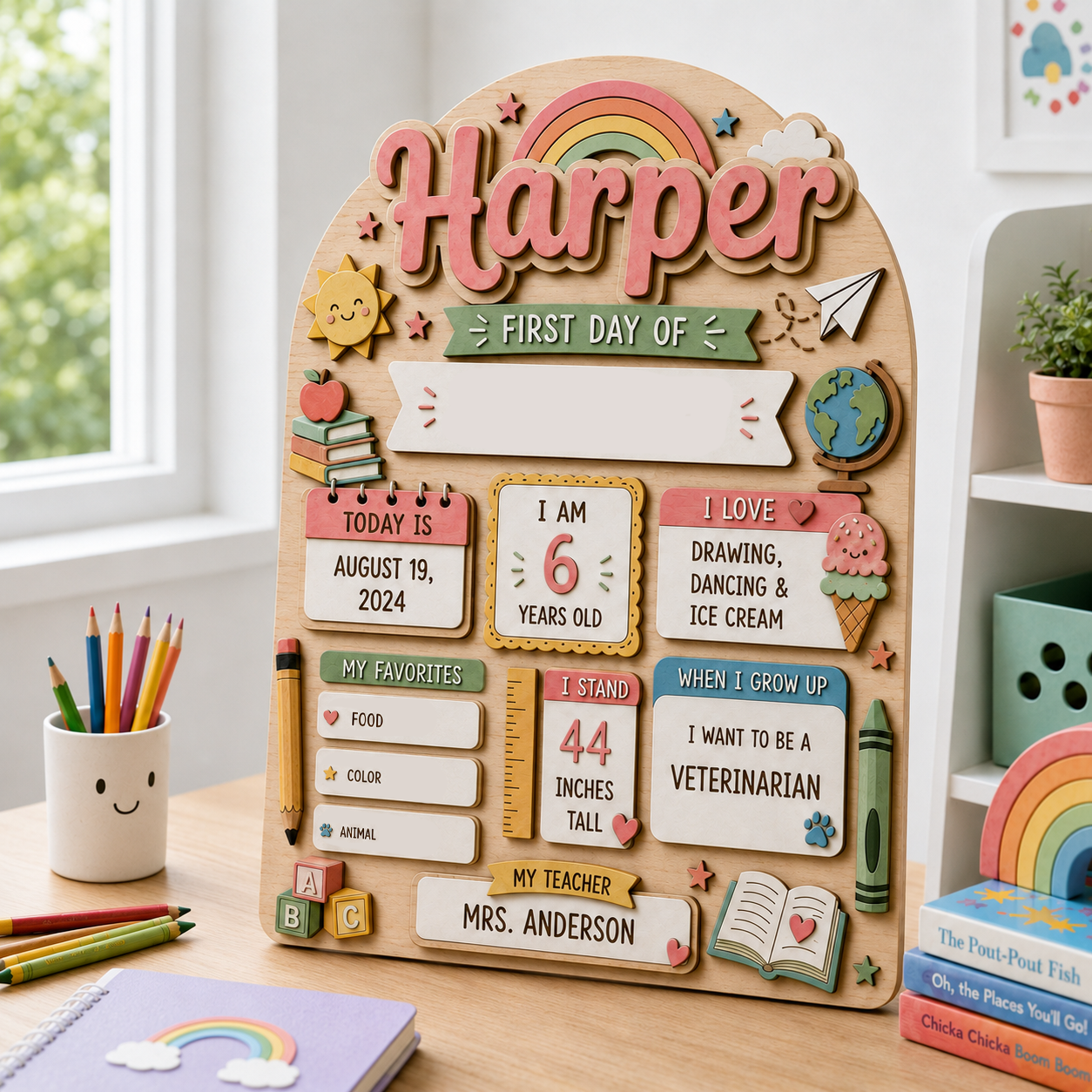 Custom Rainbow Back to School Sign, Personalized First Day of School Board, Kids Dry Erase School Keepsake