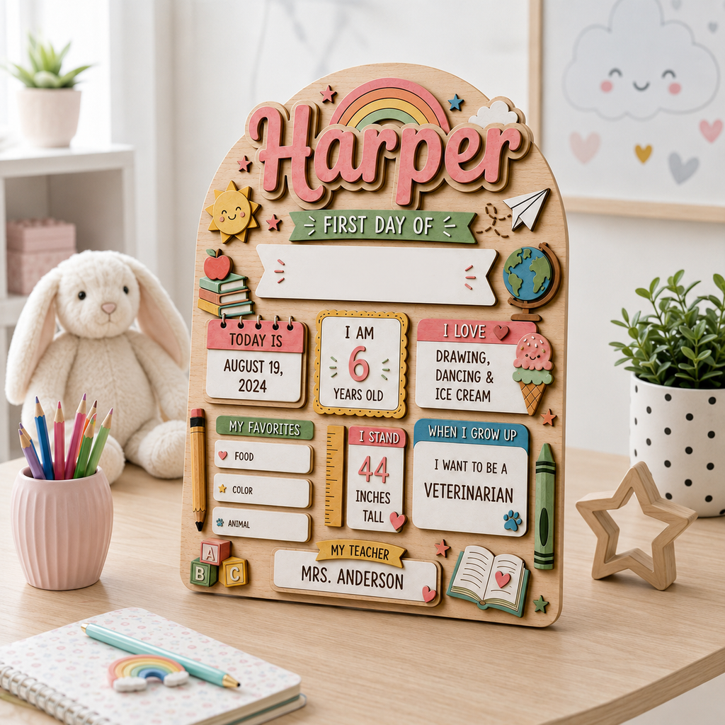 Custom Rainbow Back to School Sign, Personalized First Day of School Board, Kids Dry Erase School Keepsake