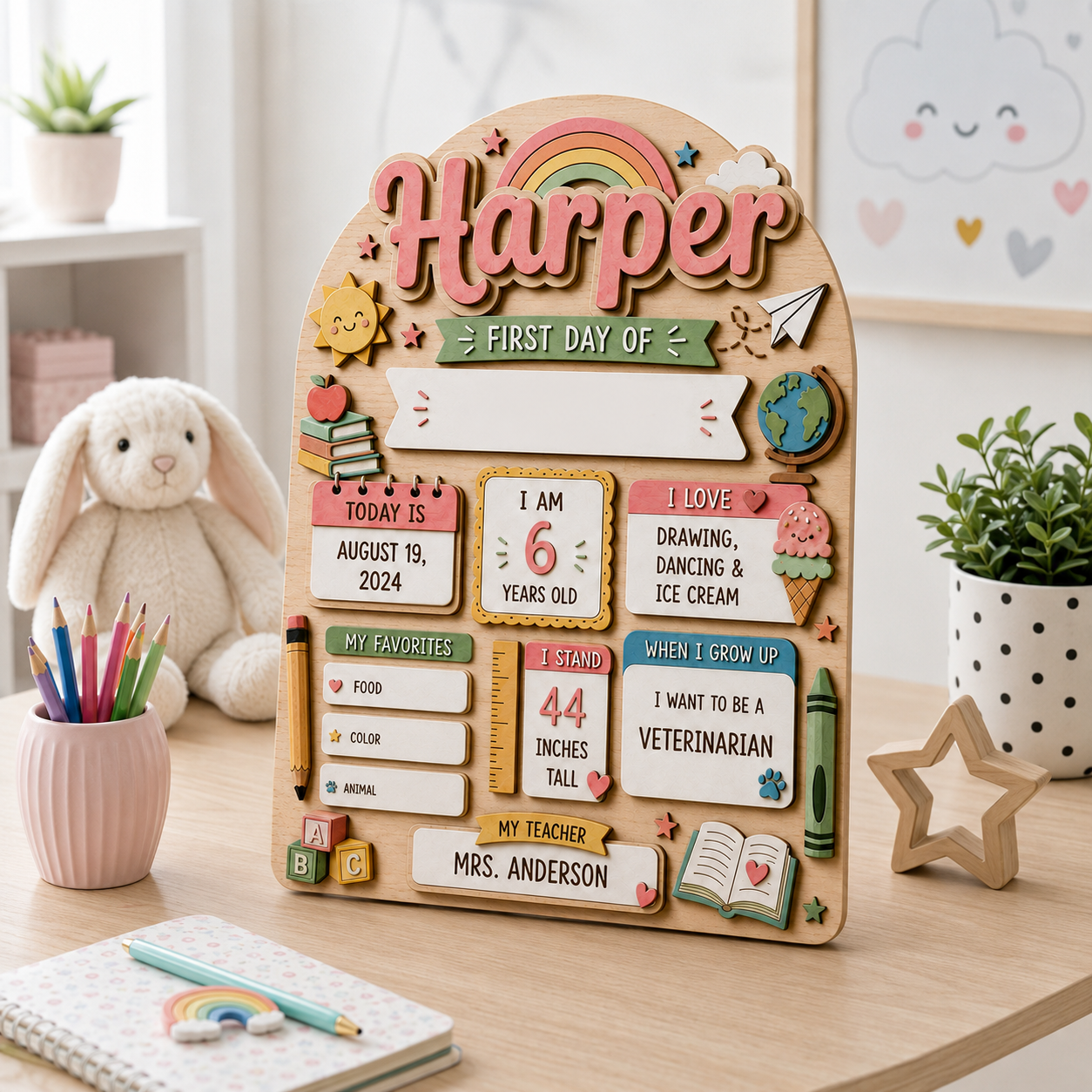 Custom Rainbow Back to School Sign, Personalized First Day of School Board, Kids Dry Erase School Keepsake