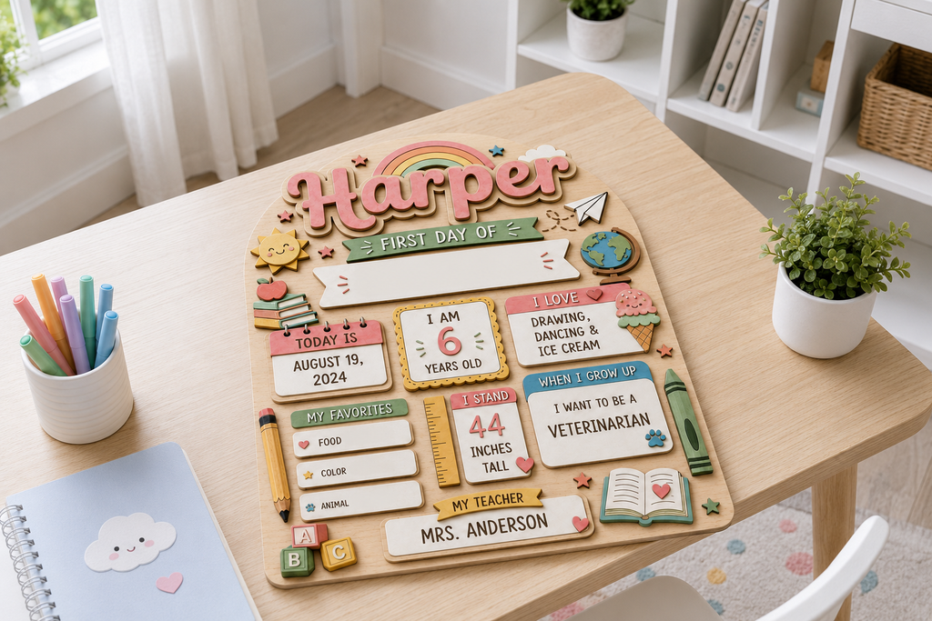 Custom Rainbow Back to School Sign, Personalized First Day of School Board, Kids Dry Erase School Keepsake