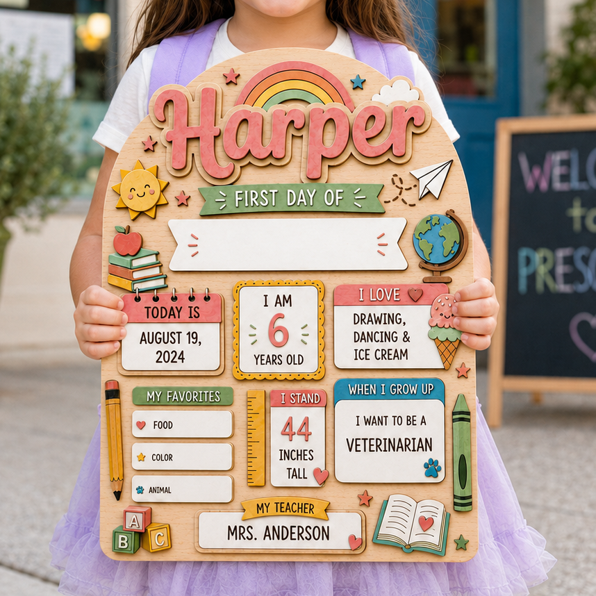 Custom Rainbow Back to School Sign, Personalized First Day of School Board, Kids Dry Erase School Keepsake
