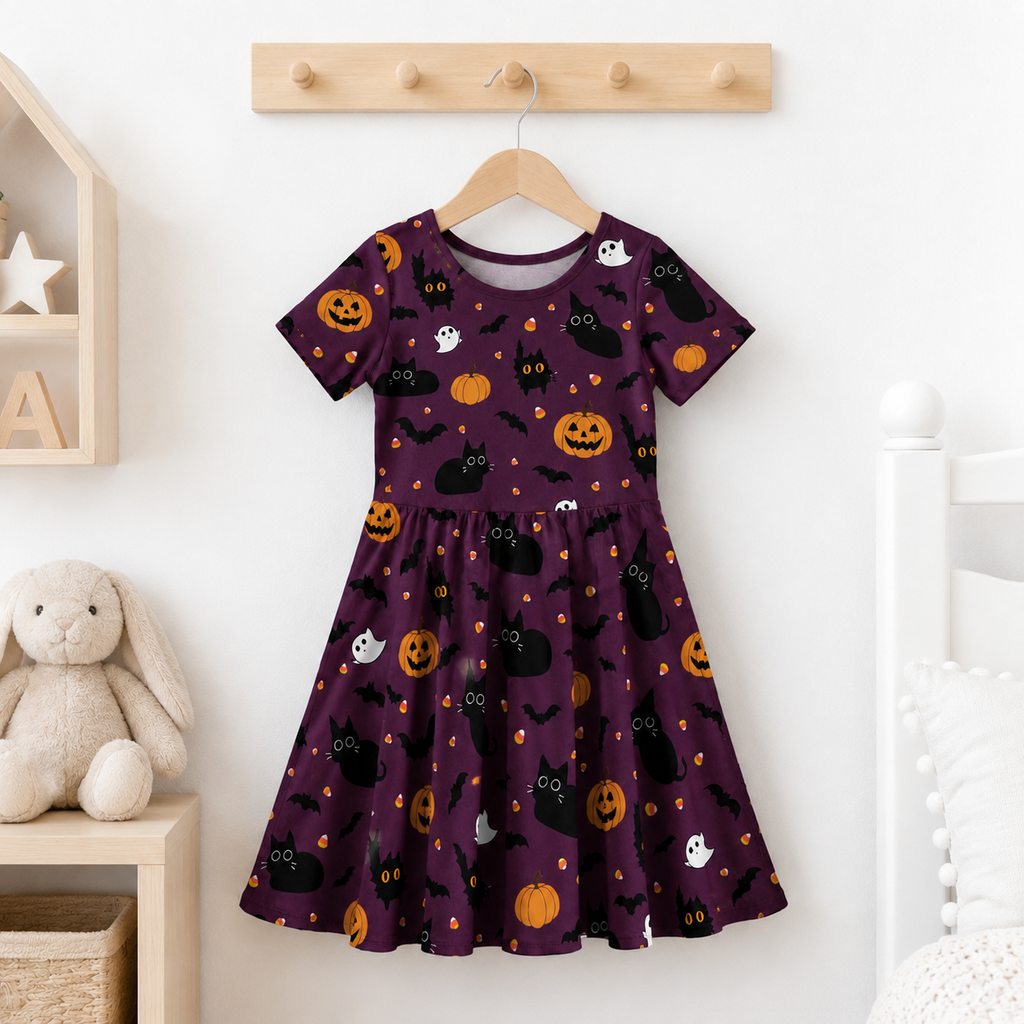 Black Cat & Pumpkin Halloween Bamboo Twirl Dress for Girls – Toddler Spooky Season Outfit