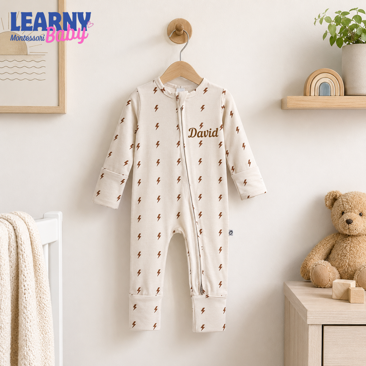 Neutral Lightning Bolt Baby Convertible Zippy Pajamas, Baby Sleeper, Newborn Pajamas, Toddler Sleepwear