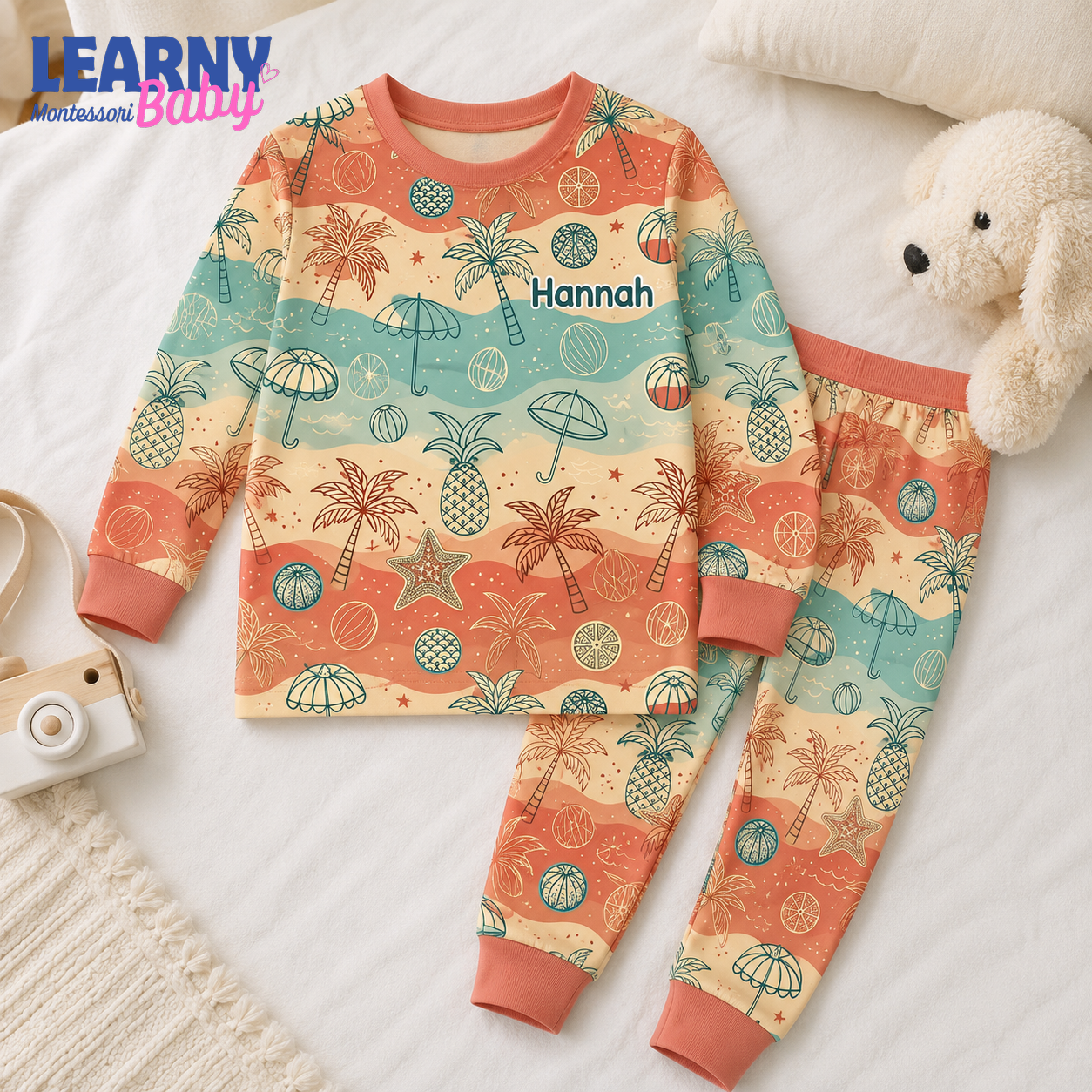 Personalized Tropical Bamboo Pajamas for Kids, Custom Name Palm Tree Pineapple Beach Long Sleeve Sleepwear Set