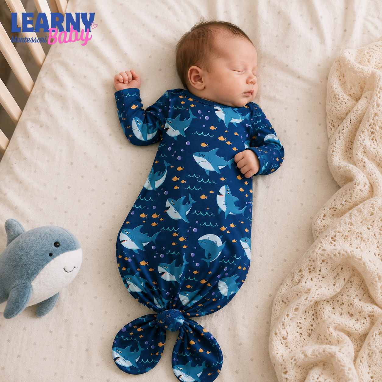 Newborn Baby Knotted Gown, Navy Blue Shark Bamboo Sleeper, Ocean Baby Boy Outfit