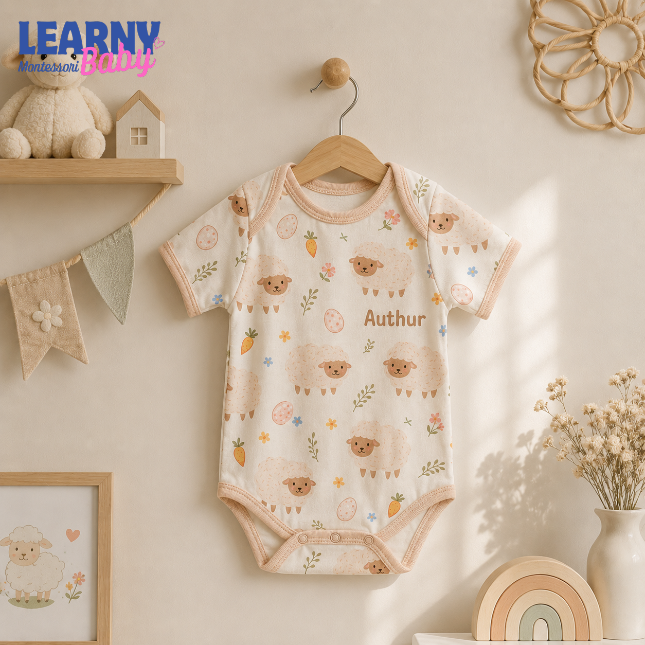 Bamboo Baby Bodysuit, Personalized Lamb Baby Onesie, Soft Bamboo Viscose Newborn Bodysuit
