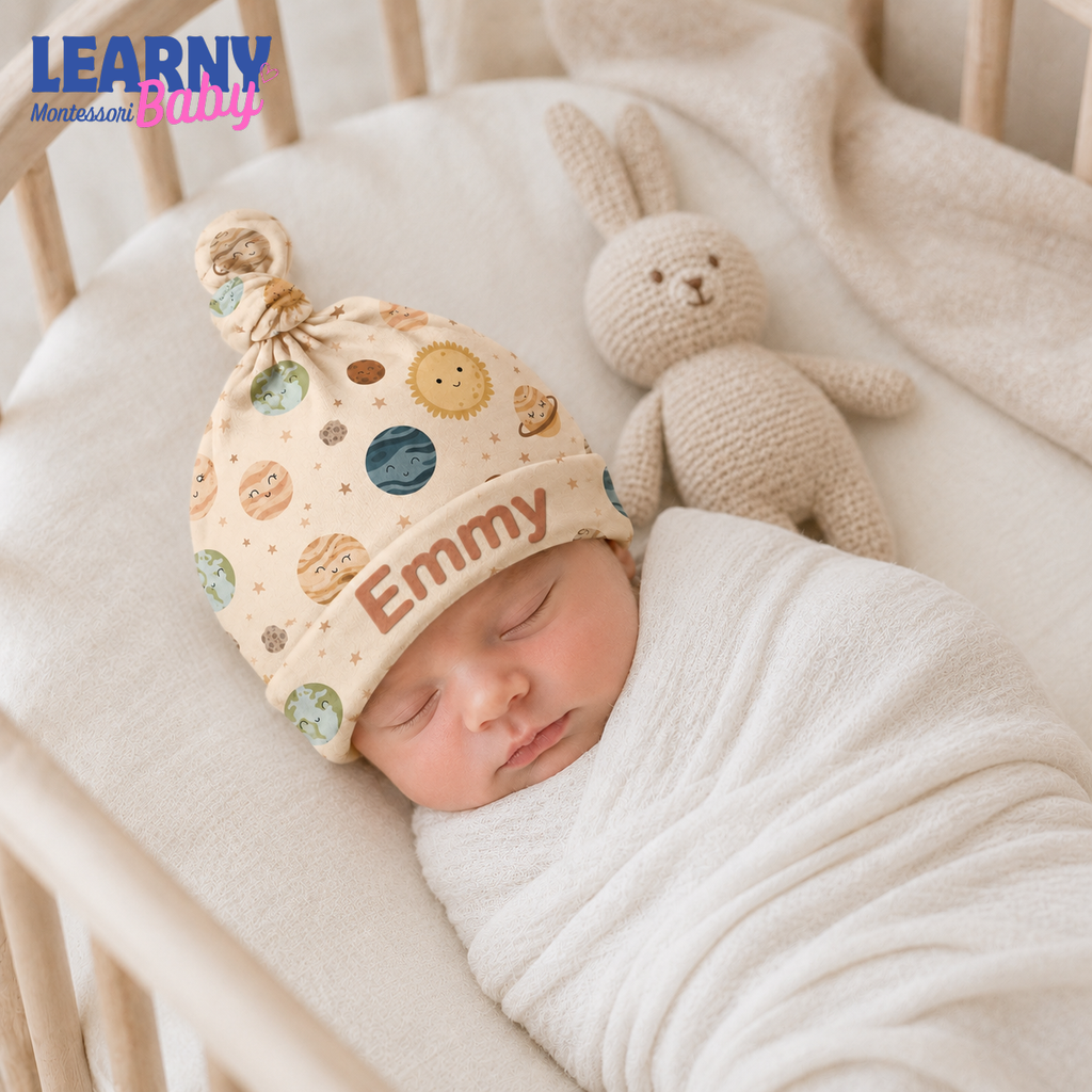 Personalized Space Bamboo Baby Knotted Hat, Custom Name Planet Newborn Beanie, Celestial Baby Boy Girl Hat