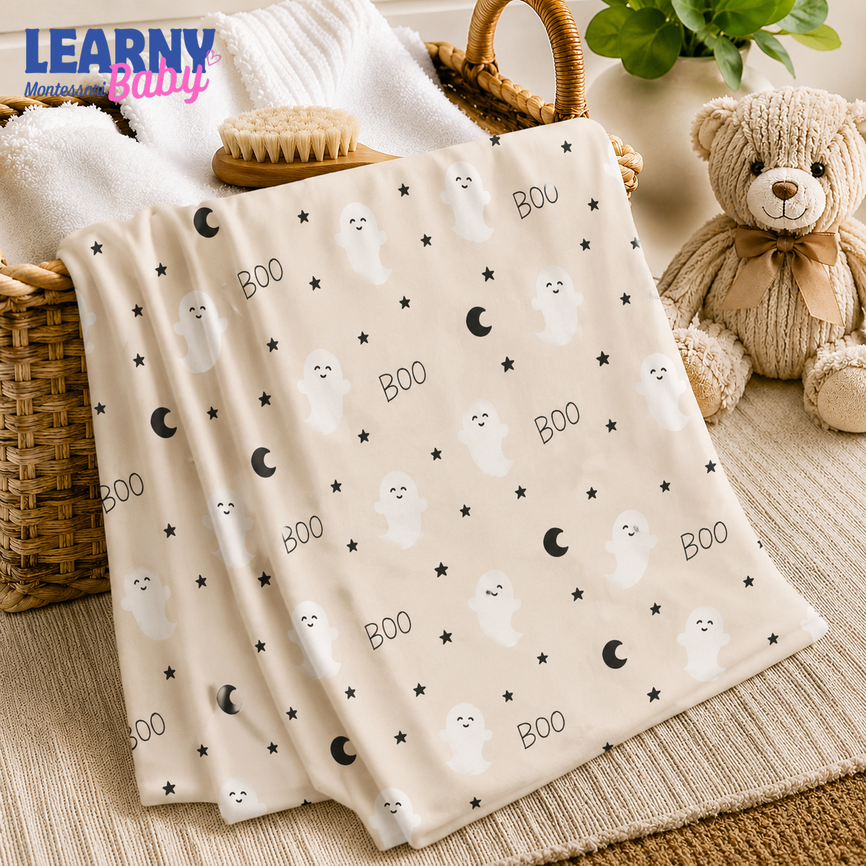 Minimalist Ghost Bamboo Baby Blanket, Neutral Boo Moon and Stars Halloween Nursery Throw, Baby Shower Gift