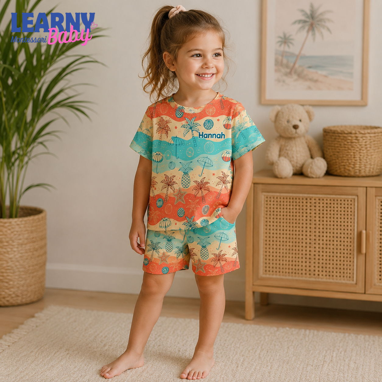 Personalized Tropical Bamboo Pajamas for Kids, Custom Name Palm Tree Pineapple Beach Long Sleeve Sleepwear Set