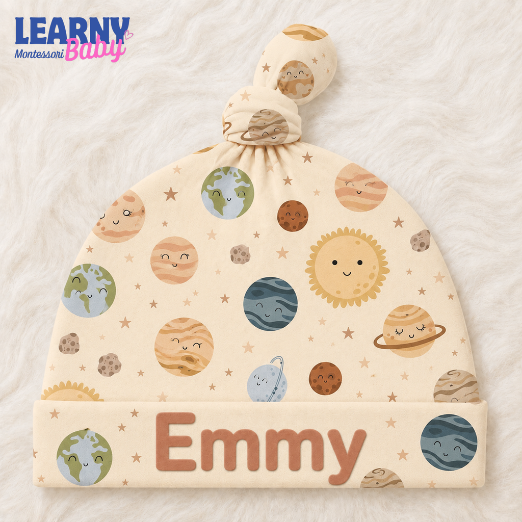 Personalized Space Bamboo Baby Knotted Hat, Custom Name Planet Newborn Beanie, Celestial Baby Boy Girl Hat