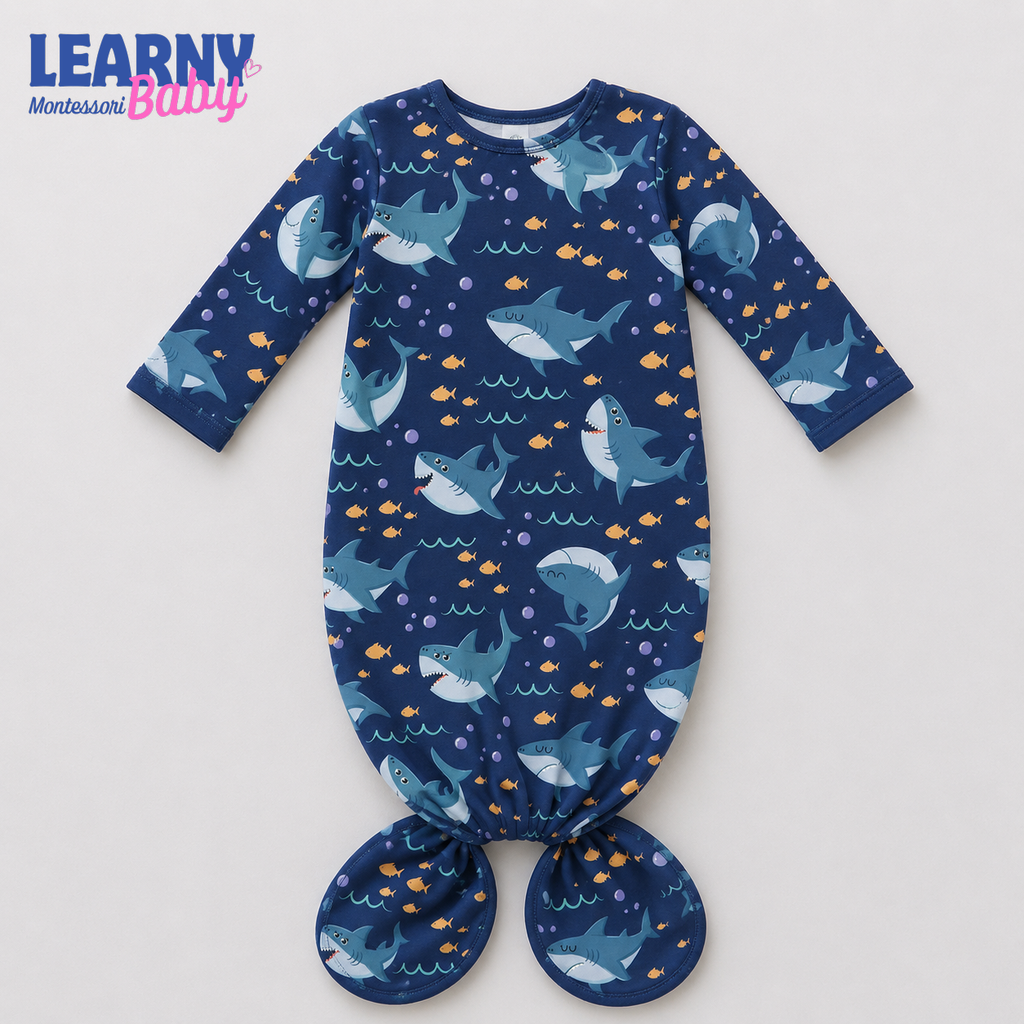 Newborn Baby Knotted Gown, Navy Blue Shark Bamboo Sleeper, Ocean Baby Boy Outfit