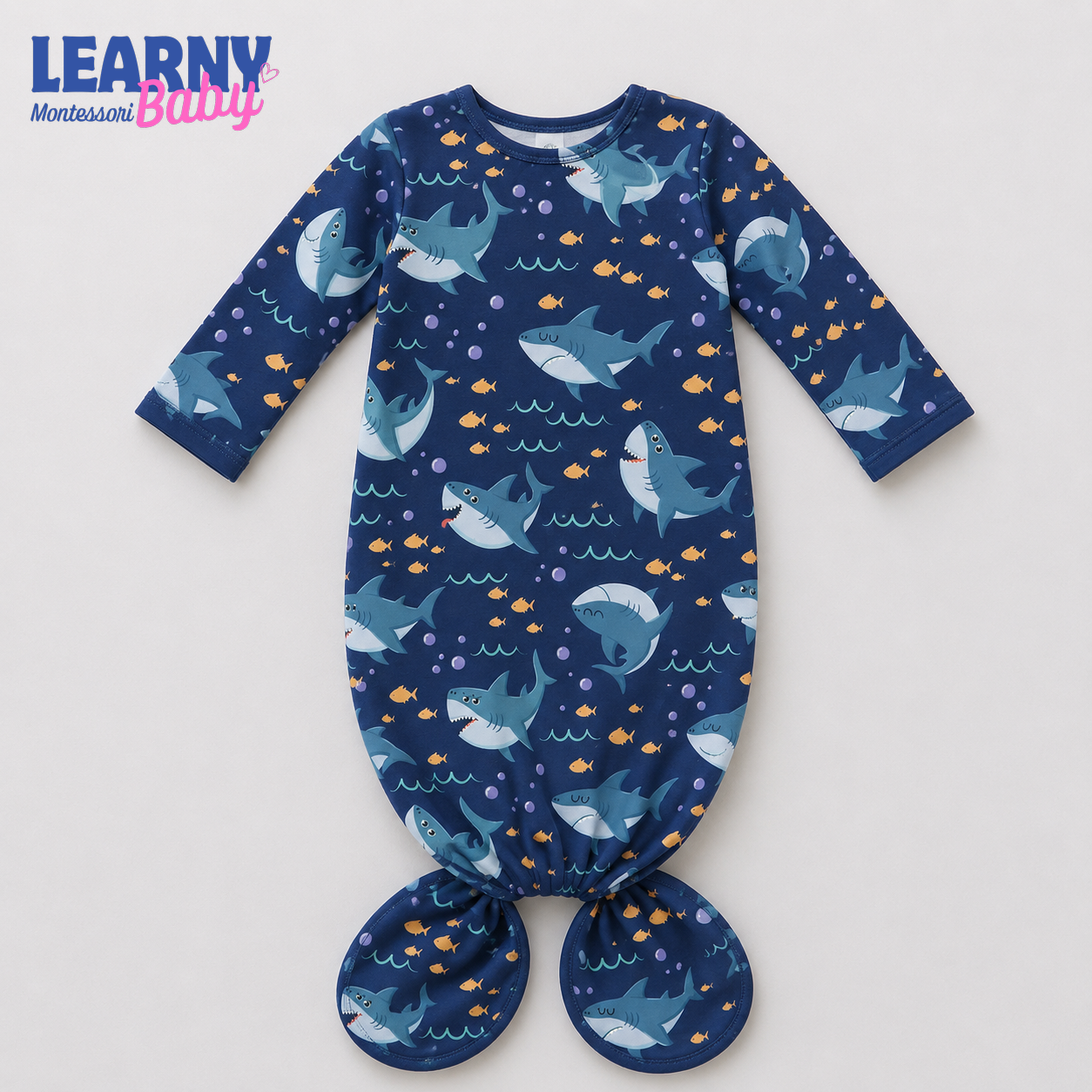 Newborn Baby Knotted Gown, Navy Blue Shark Bamboo Sleeper, Ocean Baby Boy Outfit