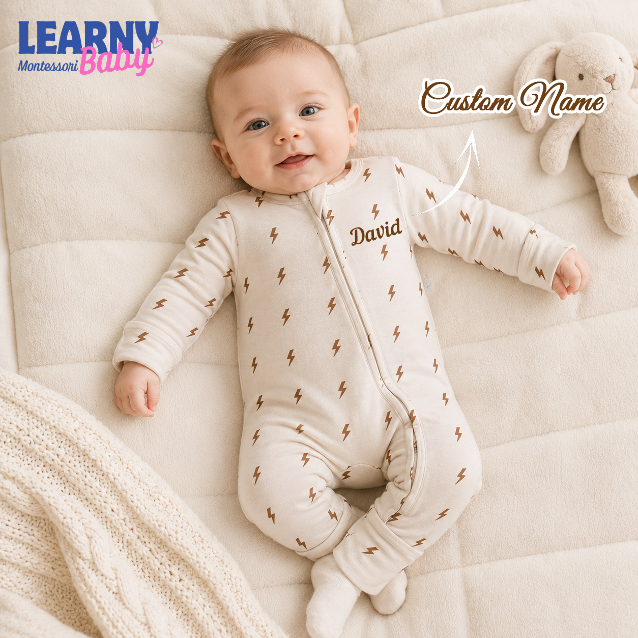 Neutral Lightning Bolt Baby Convertible Zippy Pajamas, Baby Sleeper, Newborn Pajamas, Toddler Sleepwear