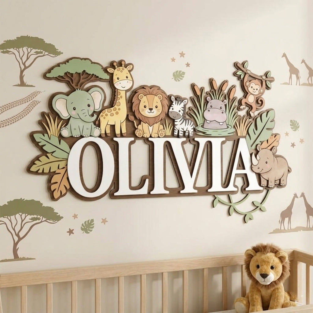 Personalized Nursery Name Sign, Custom Name Sign, Baby Name Sign for Nursery, Wooden Name Sign for Nursery, Safari Decor