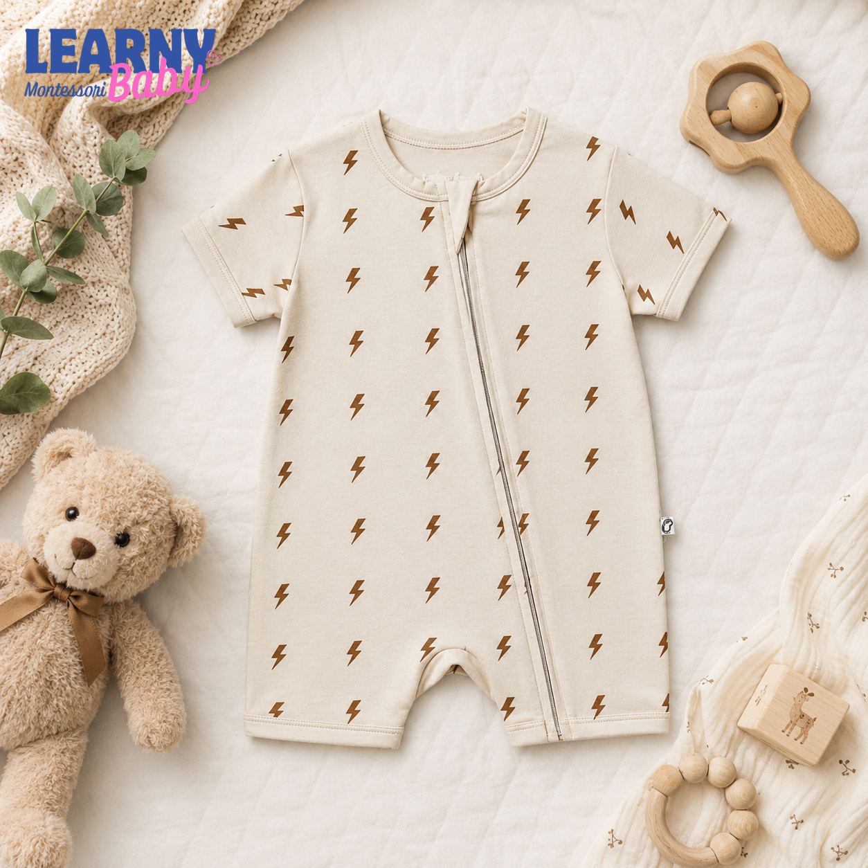 Neutral Lightning Bolt Baby Convertible Zippy Pajamas, Baby Sleeper, Newborn Pajamas, Toddler Sleepwear