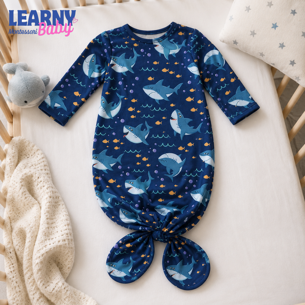 Newborn Baby Knotted Gown, Navy Blue Shark Bamboo Sleeper, Ocean Baby Boy Outfit