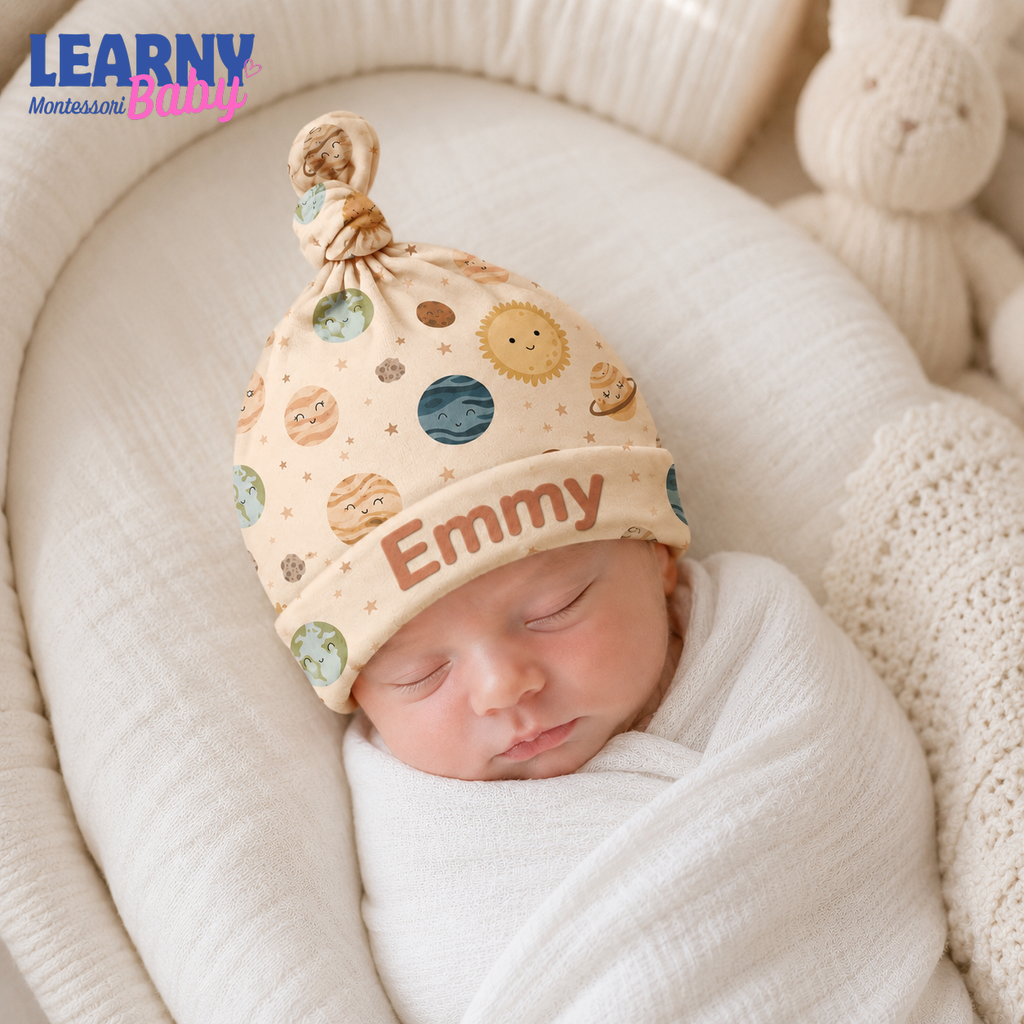 Personalized Space Bamboo Baby Knotted Hat, Custom Name Planet Newborn Beanie, Celestial Baby Boy Girl Hat